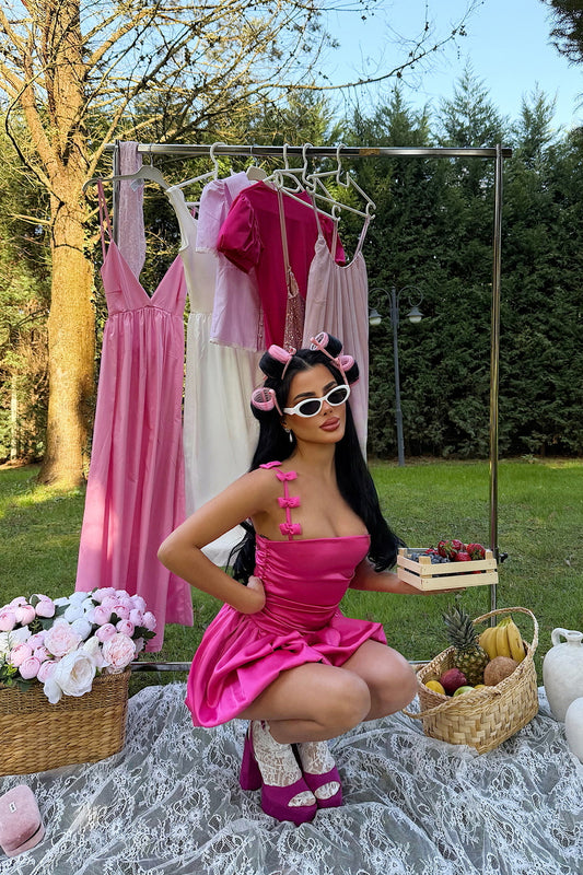 EYYO Cecilia Fuchsia Mini Balloon Dress - Back