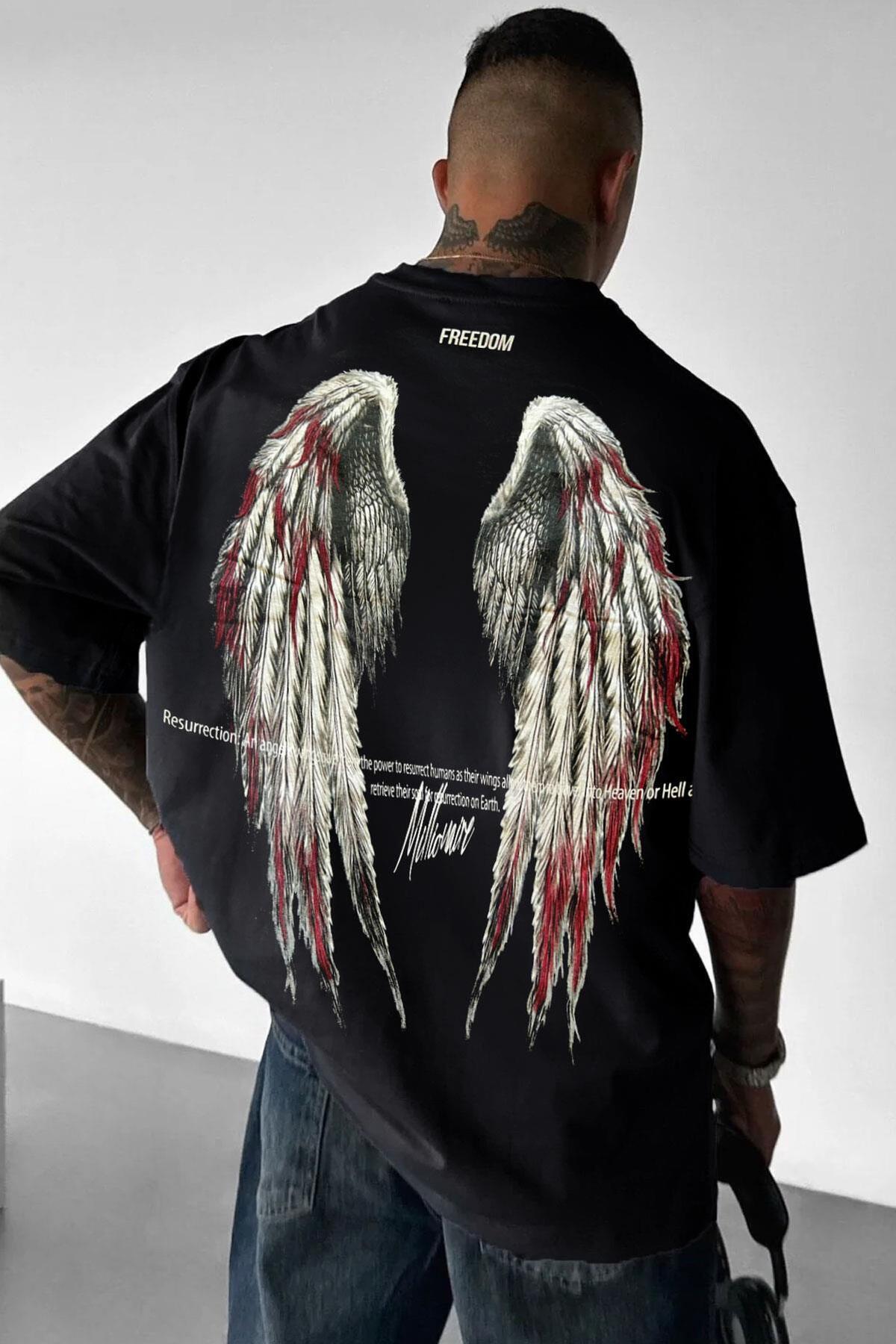 Teenage Millionaire Men's Freedom Wing Print Oversize T-Shirt – Black