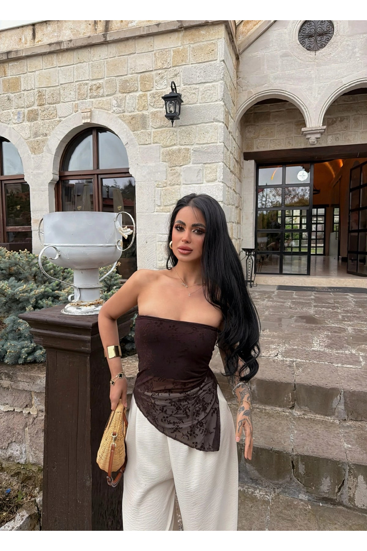 Brown Lined Flocked Strapless Top