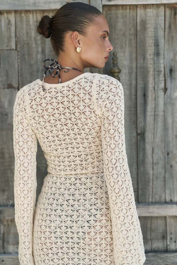 BOHEMAI Zakura Lace Detail Beige Knitwear Mini Dress - 7
