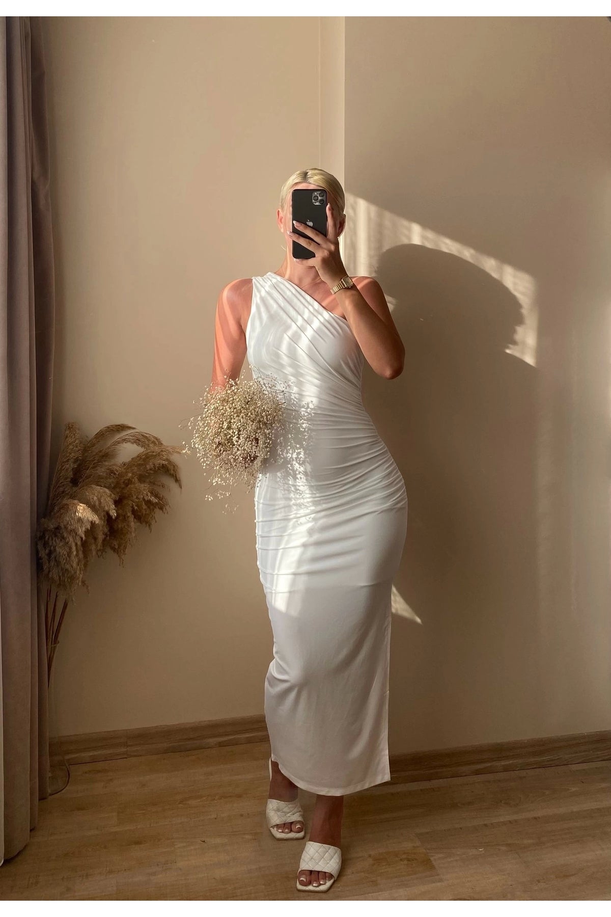 Shoulder Detail Draped Dress - White