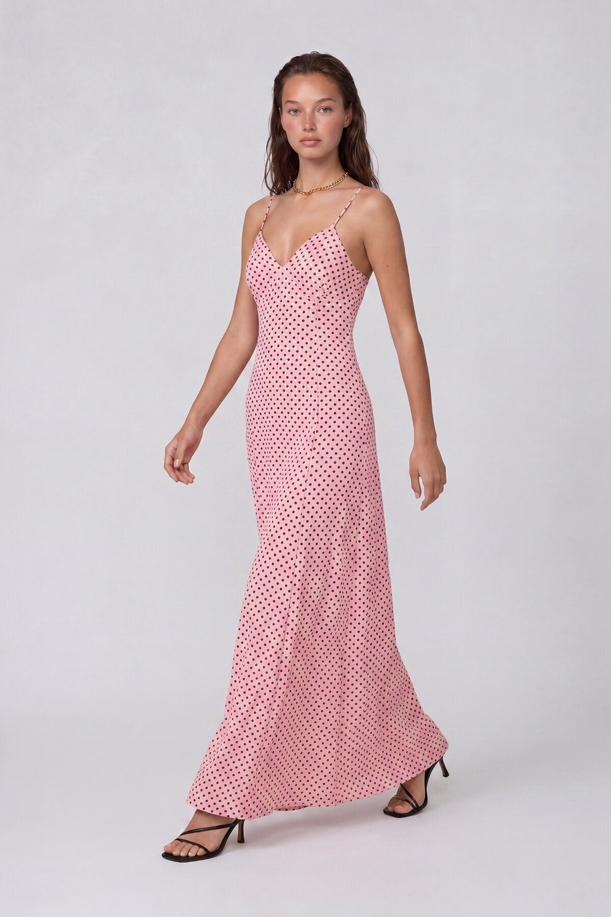 VAGGON Thin Strap Polka Dot Patterned Textured Maxi Dress - View 8