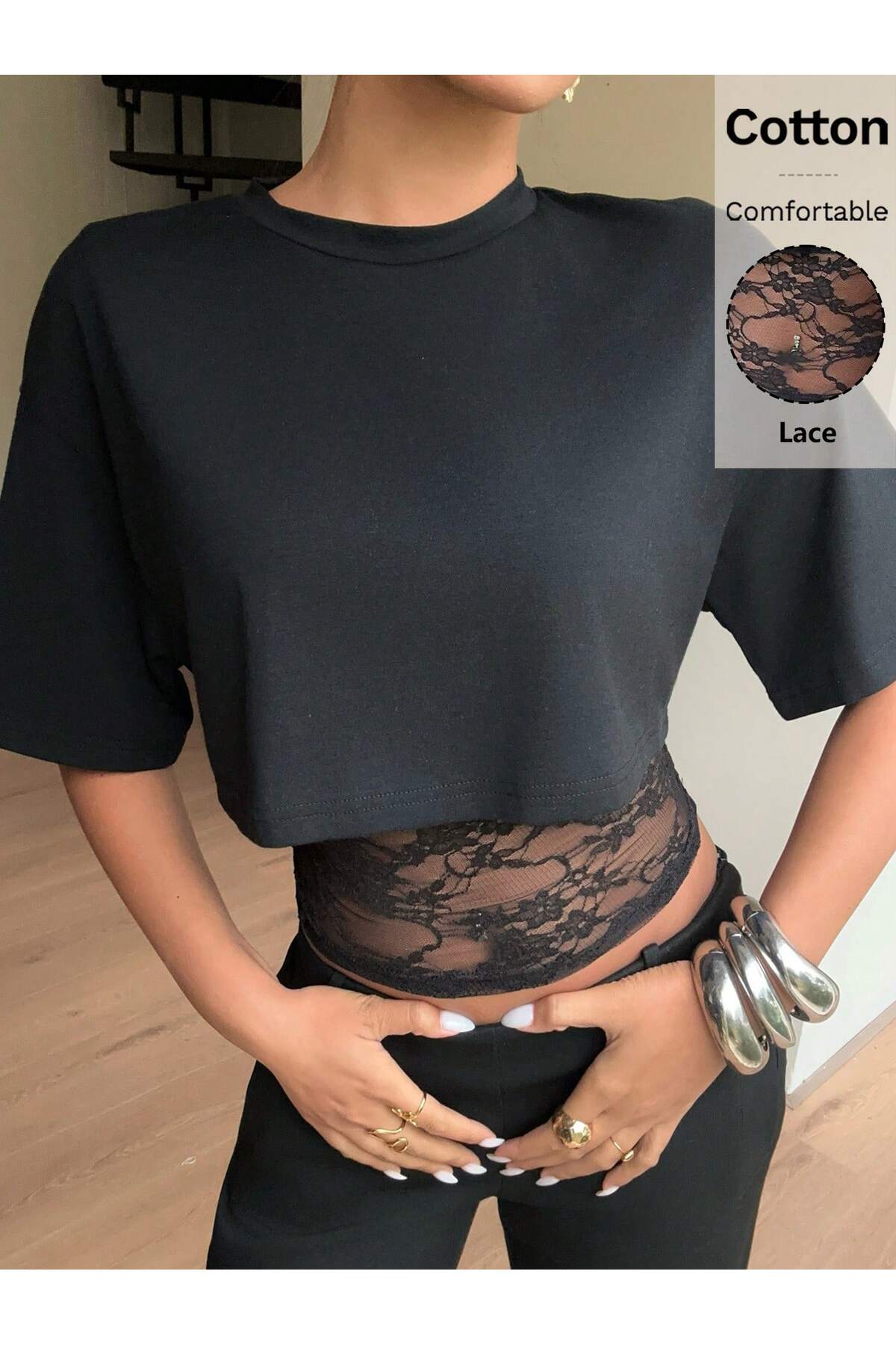 Lace Detail Round Neck Crop T-Shirt - Black