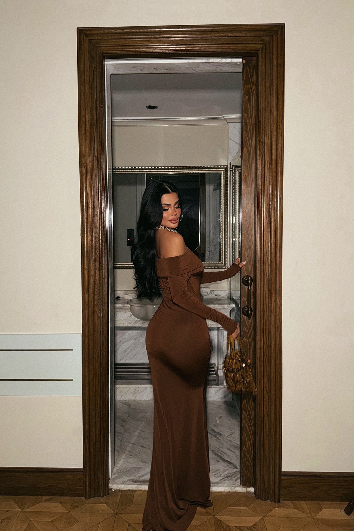 "Fallon" Boat Neck Long Sleeve Maxi Dress - Brown