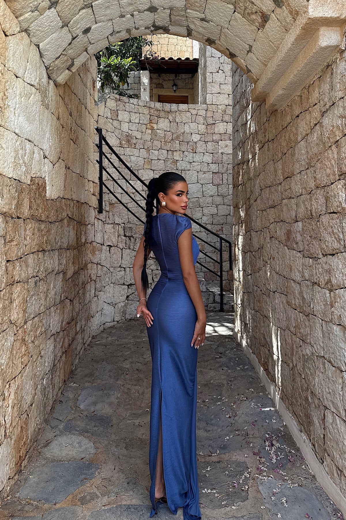 EYYO Orleans Indigo Draped Maxi Dress - Full Length