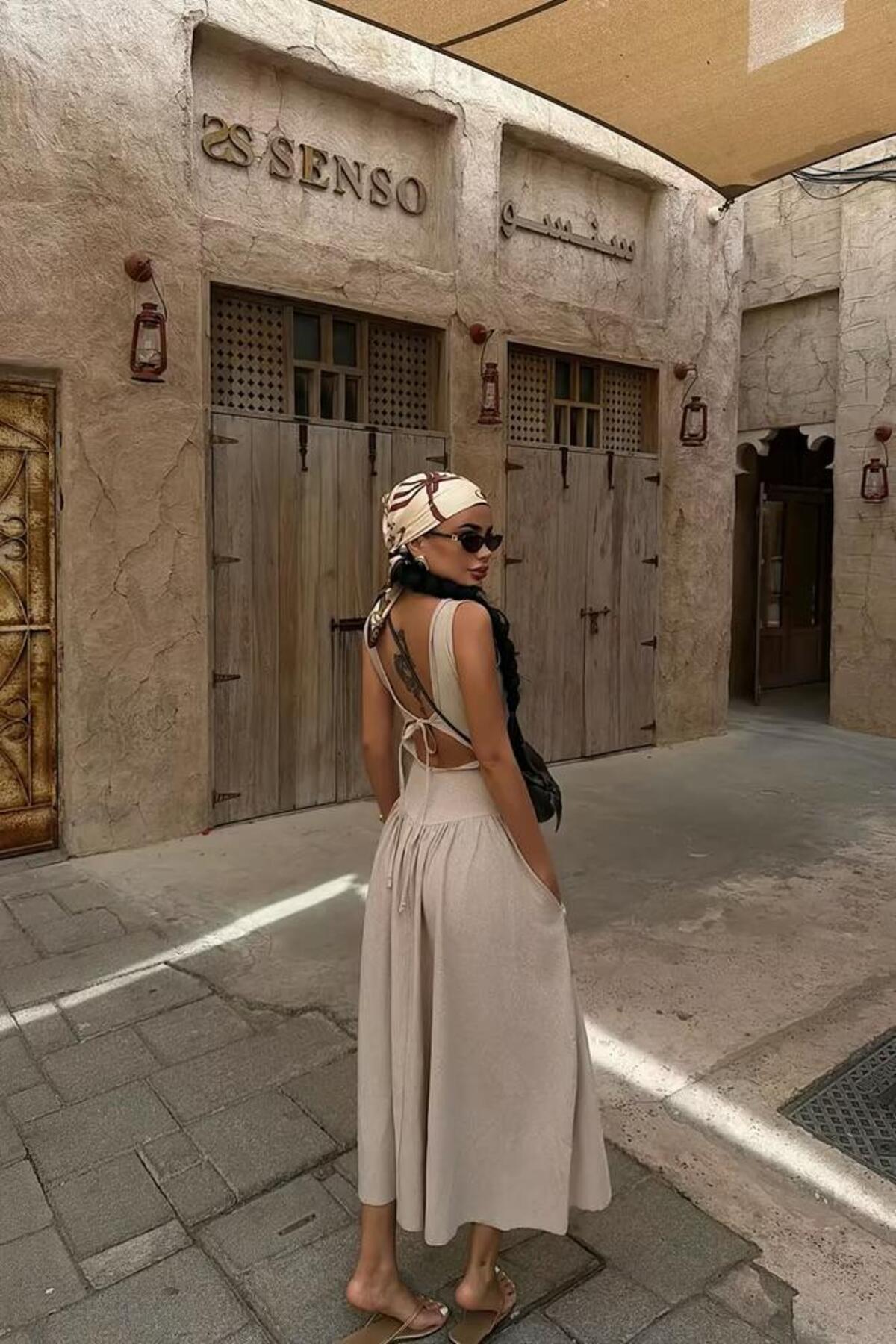 EYYO Beige Long Sleeve Maxi Dress - Detail