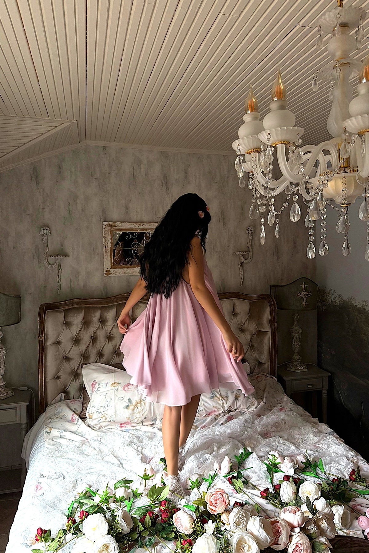 EYYO Isobel Powder Strappy Tulle Midi Dress - Full View