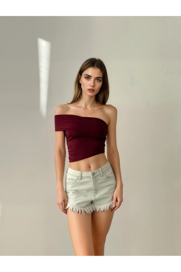 Women's One Shoulder Gathered Blouse - Burgundy