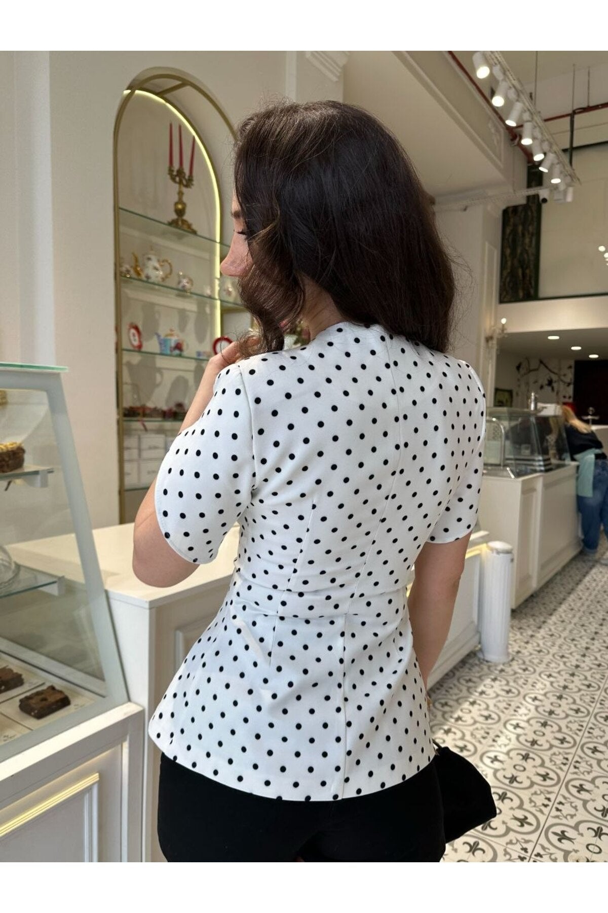 Polka Dot Square Neck Slim Blazer - White