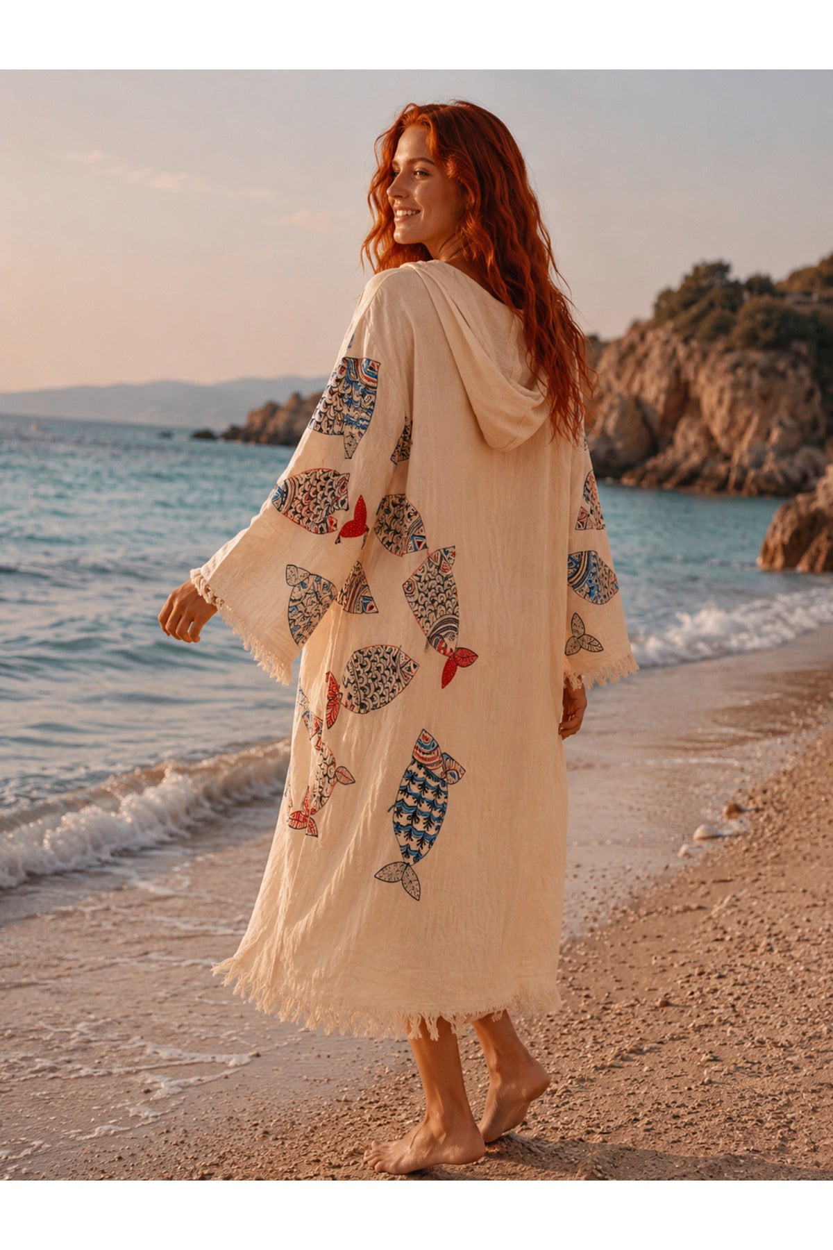 DORA COLLECTİON MUĞLA Renkli balık desenli müslin bornoz