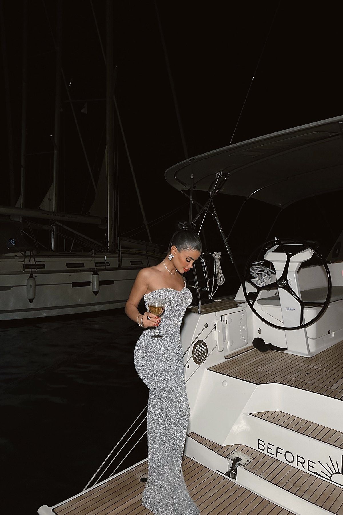 EYYO Gemma Grey Shimmer Maxi Dress - Close Up