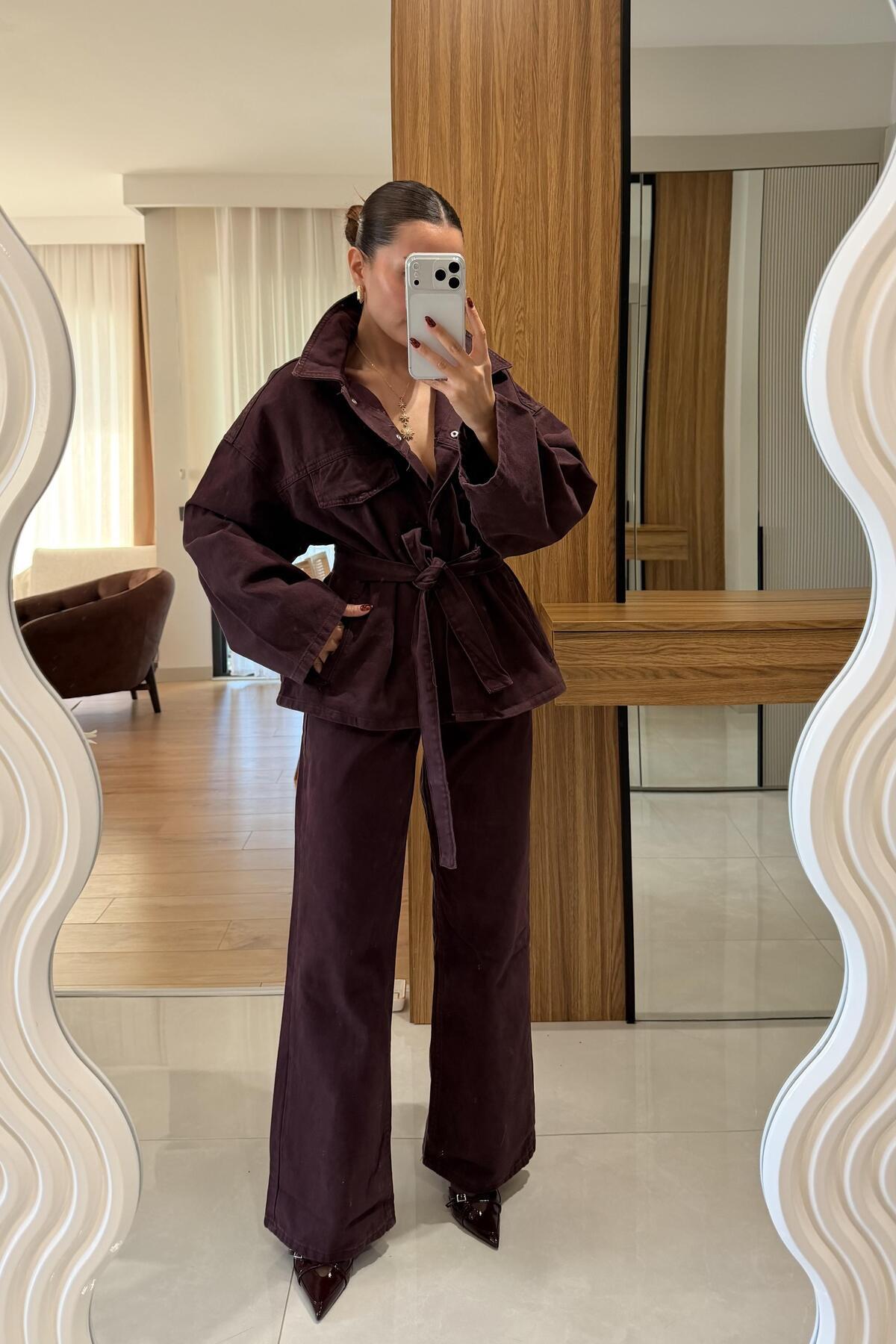 GIZEM ECEMIS Callow Burgundy Belted Denim Set