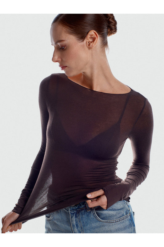 Boat Neck Cashmere-Blend Modal Blouse - Brown