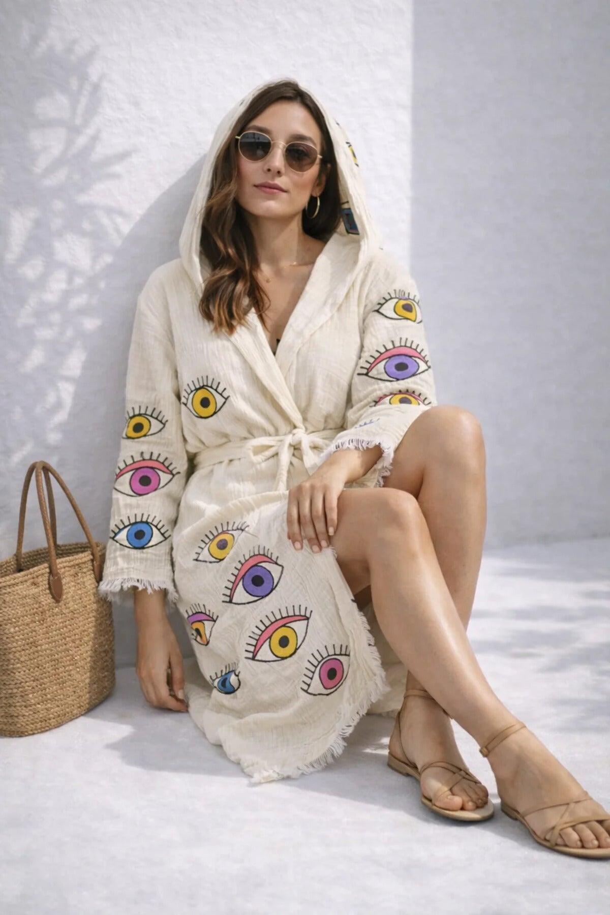 Caspara Muslin Cotton Beach Bornoz Kimono – Rainbow Eye Print
