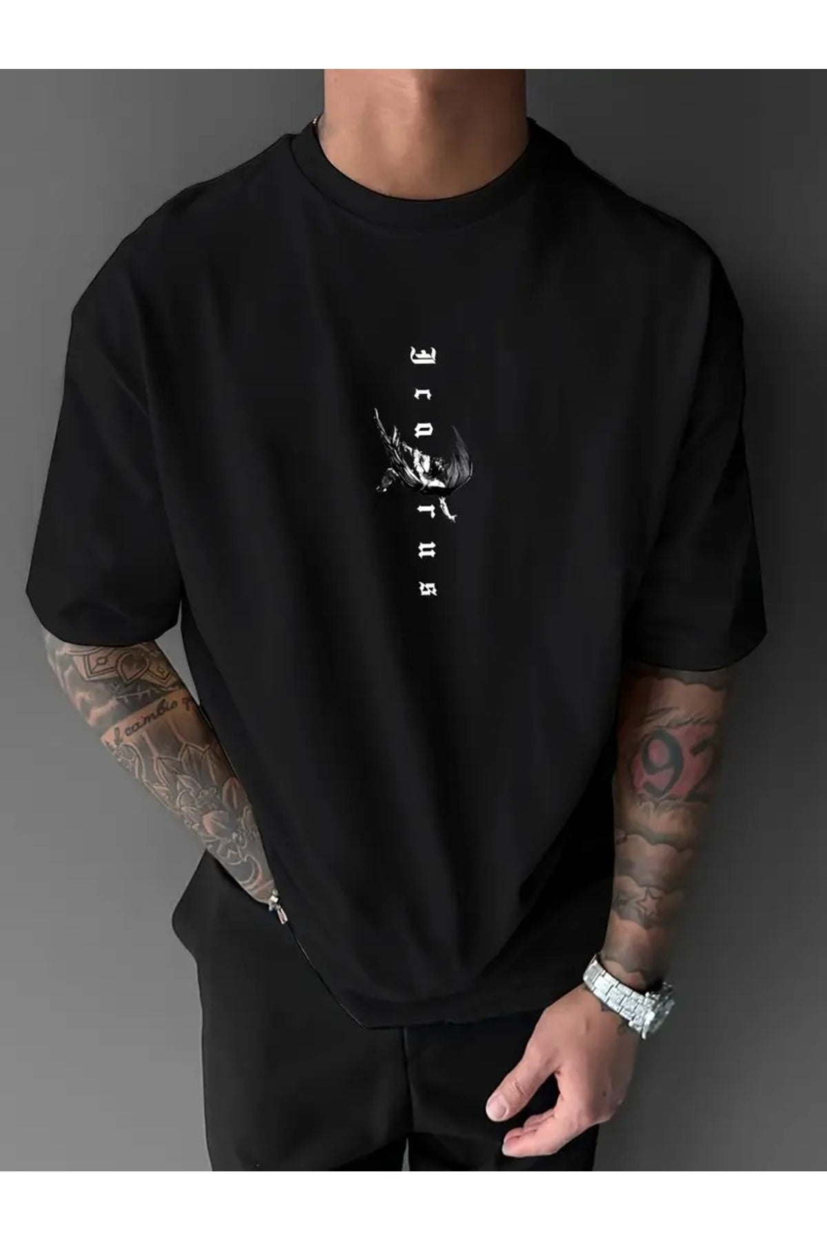 Qubo Sportswear Unisex Oversize Printed Cotton Crew-Neck T-Shirt – Black
