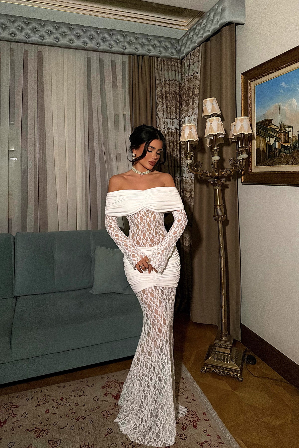 EYYO Ellodie White Off-Shoulder Lace Long Dress - Side