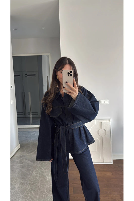 EKIM STORE Tie-Front Navy Denim Jacket & Pants Set