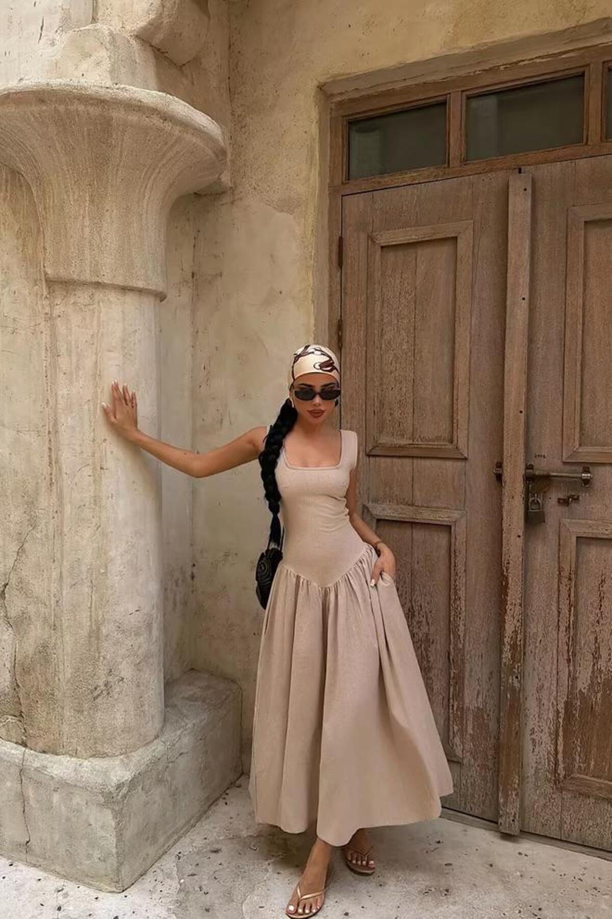 EYYO Beige Long Sleeve Maxi Dress - Back View