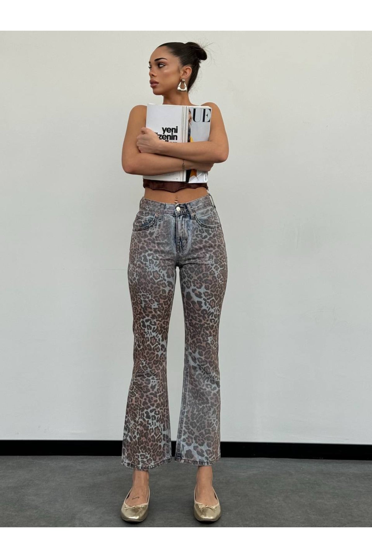 High-Waist Cropped Flare Jean Trousers - Blue