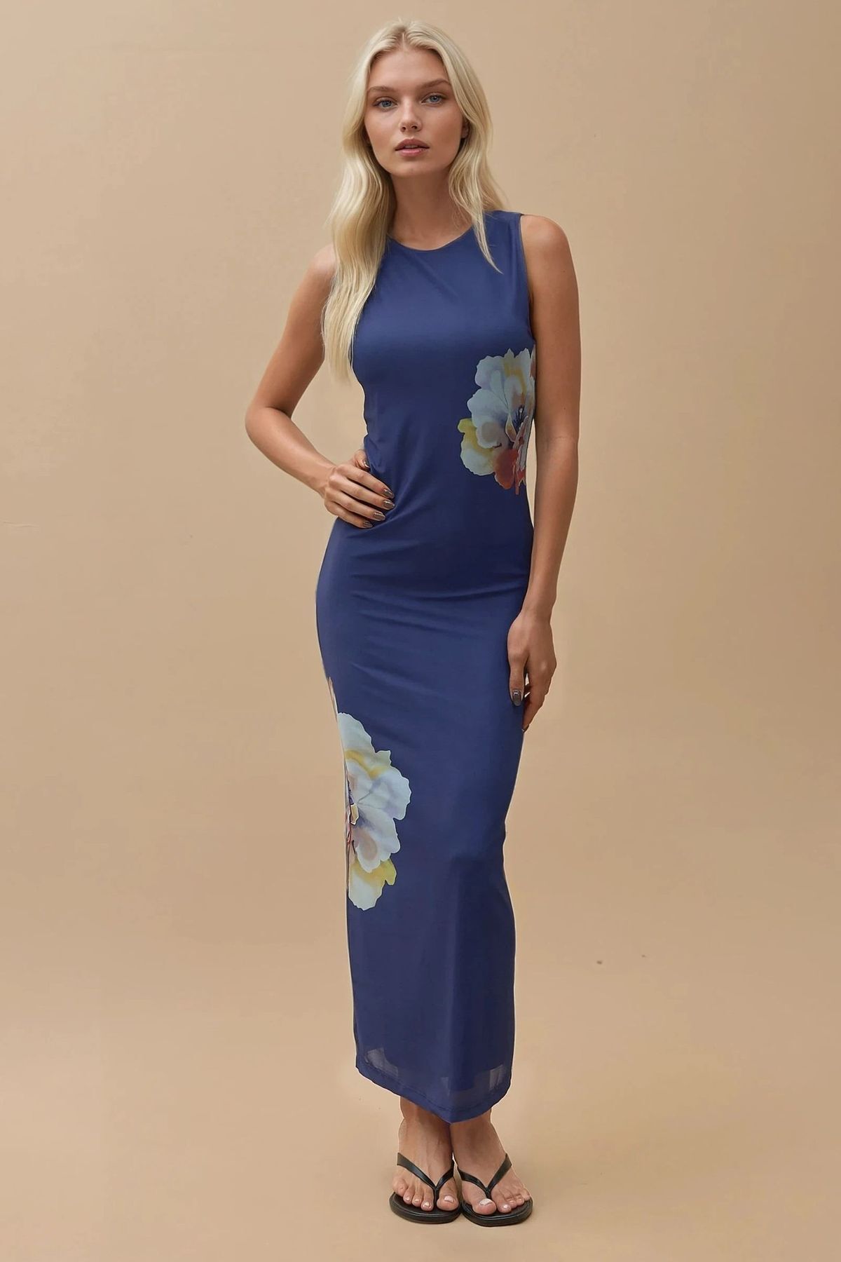Hiccup Floral Crew-Neck Bodycon Maxi Dress – Navy
