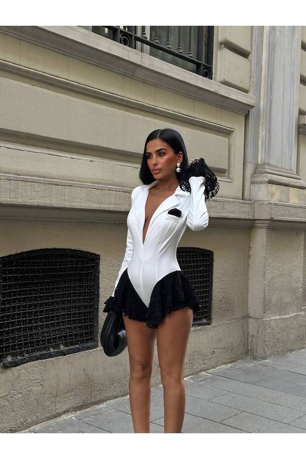 Women's White Padded Lace Shorts Jumpsuit - Detail view