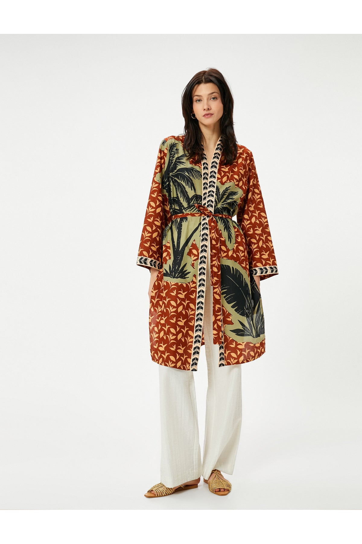 Koton Uzun Kimono Beli Kuşaklı Desenli