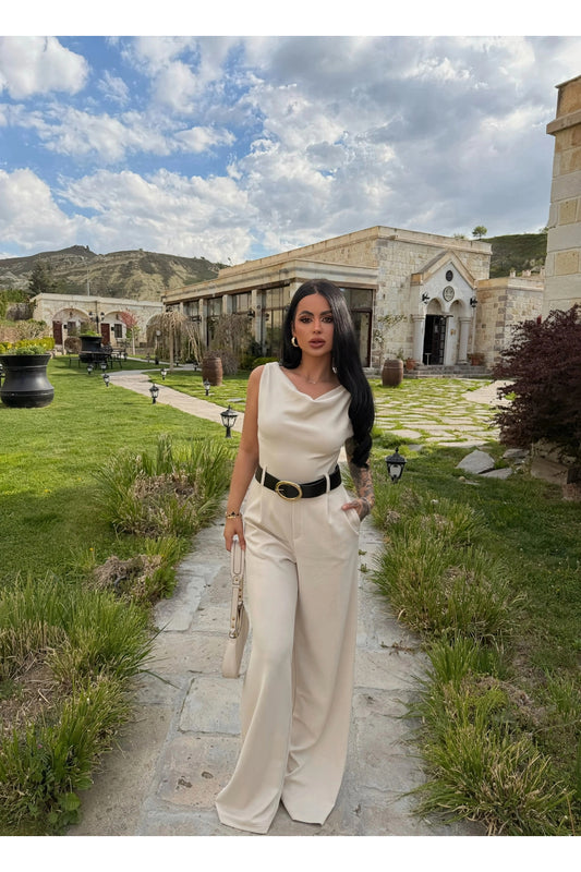 Beige Boat Neck Belted Jumpsuit