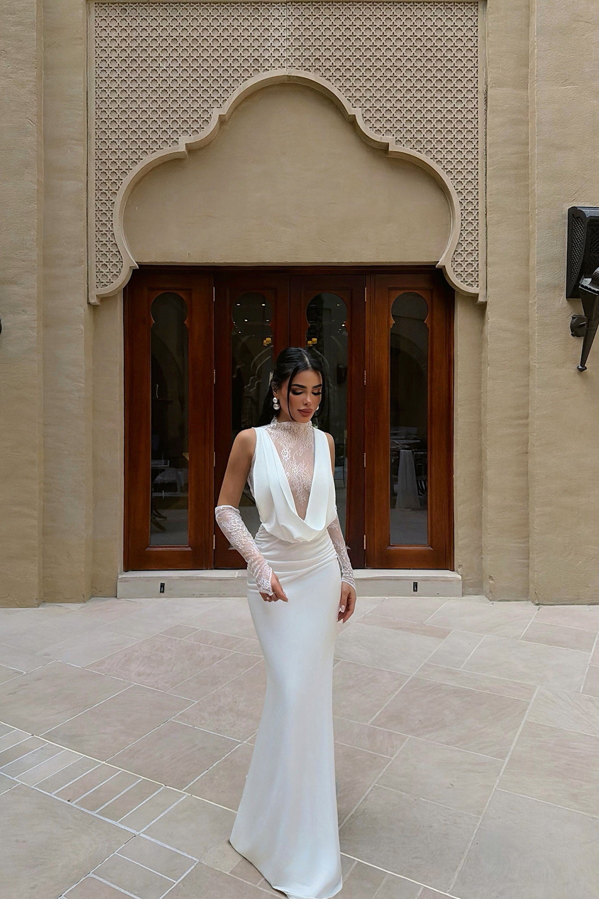 "Palisades" Lace Off-Shoulder Long Sleeve Evening Dress with Gloves - White