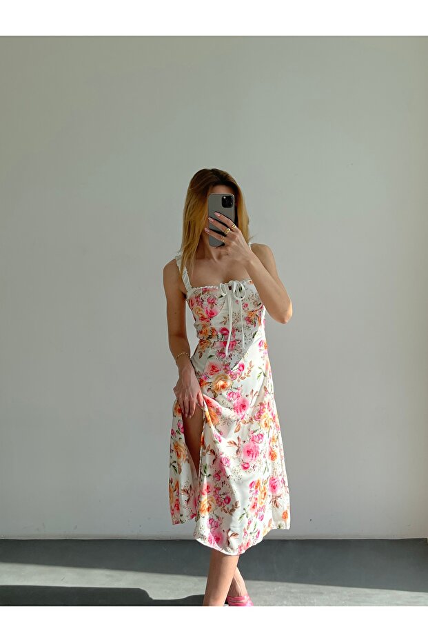 Women's White Floral Patterned Slit Midi Dress - Back view