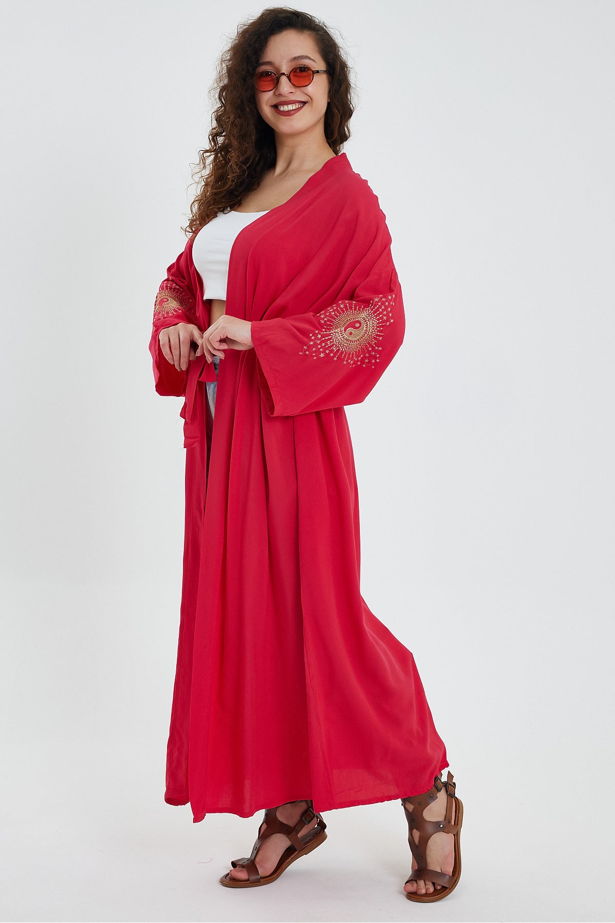 Denis Moda Women's Embroidered Belted Kimono – Red