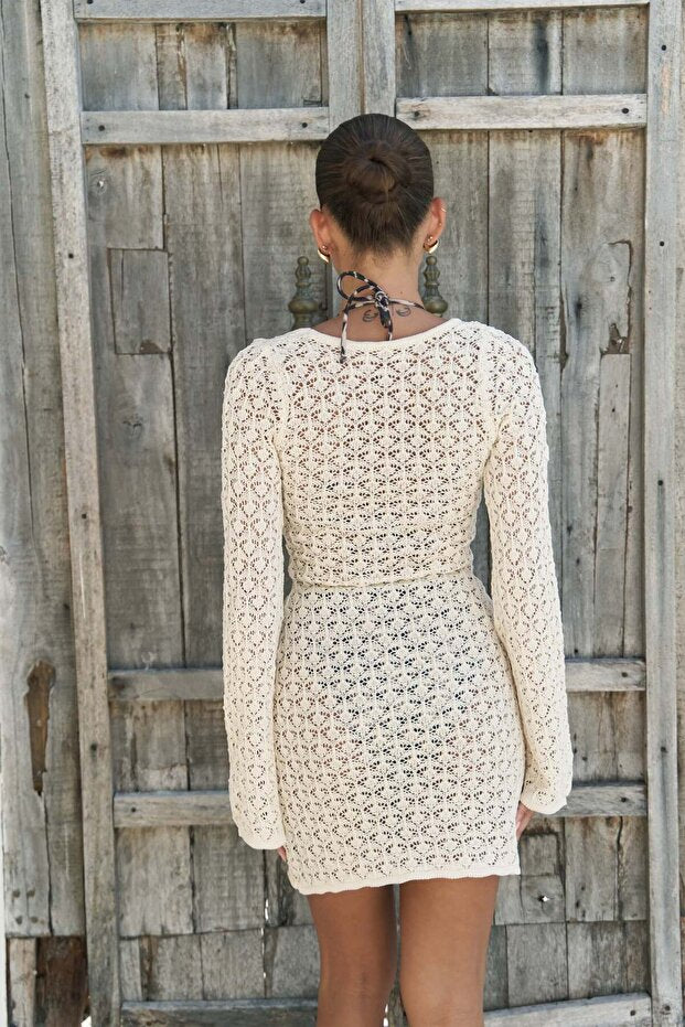 BOHEMAI Zakura Lace Detail Beige Knitwear Mini Dress - 5
