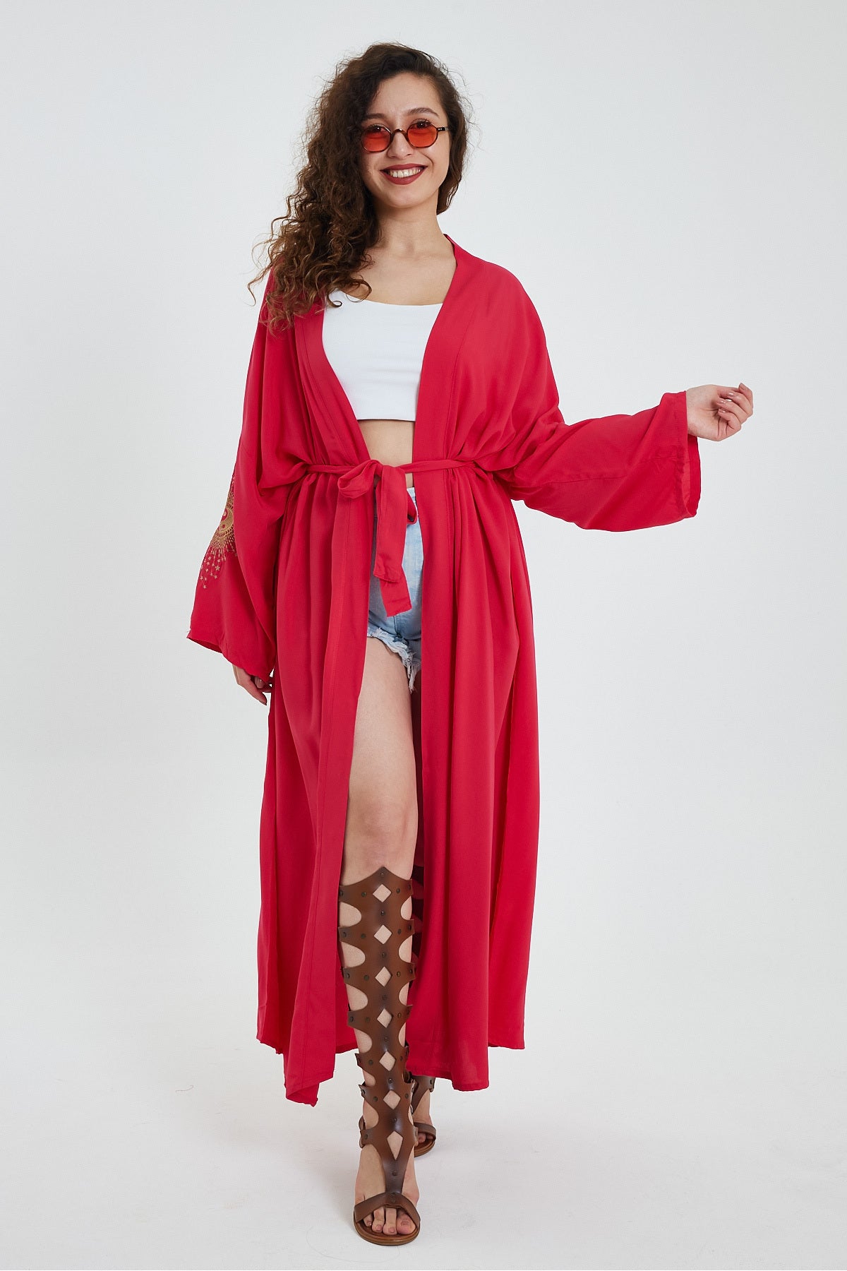 Denis Moda Women's Embroidered Belted Kimono – Red