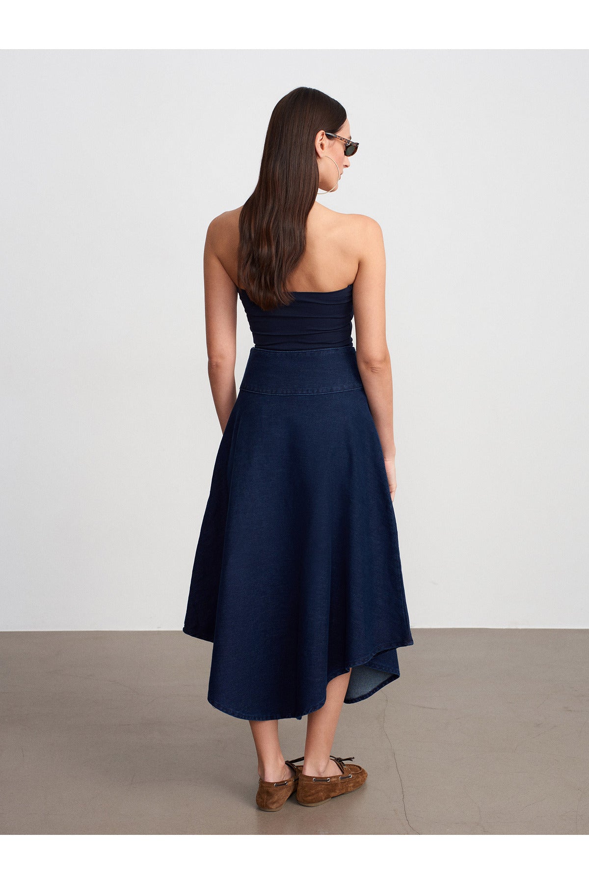 100% Cotton Denim Flared Midi Skirt - Navy