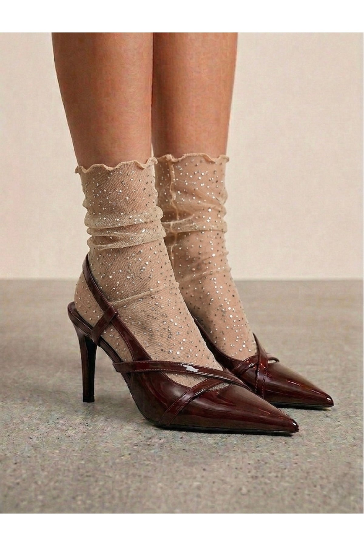 Silver Glitter Beige Tulle Socks