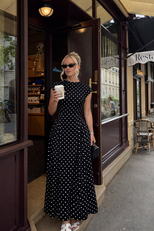 Belted Polka Dot Ruffle Dress HL027 - Black