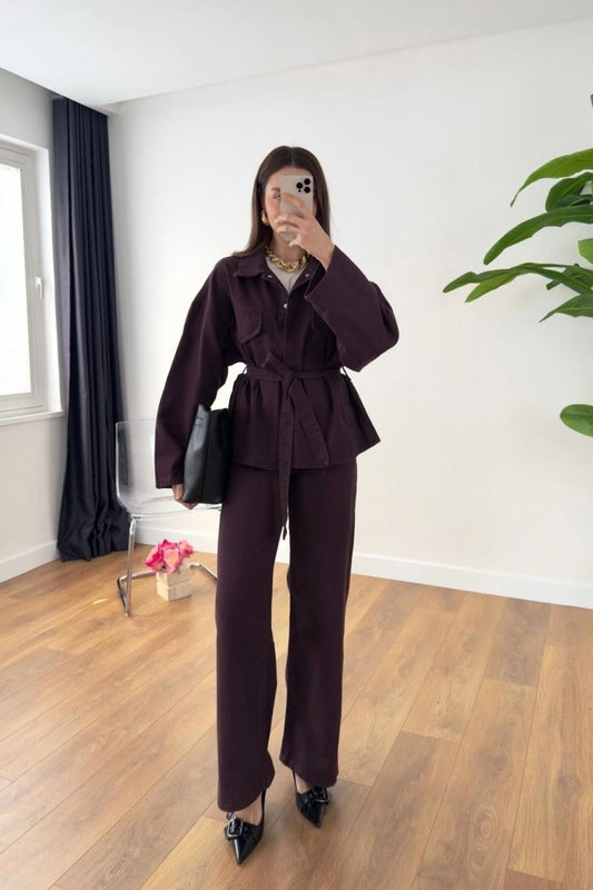 GIZEM ECEMIS Callow Burgundy Belted Denim Set