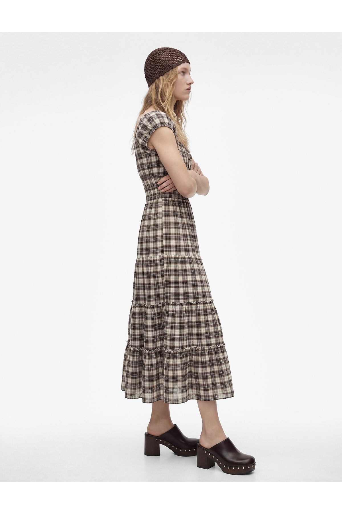 Koton Relaxed Fit Plaid Tiered Smocked Midi Dress Grey