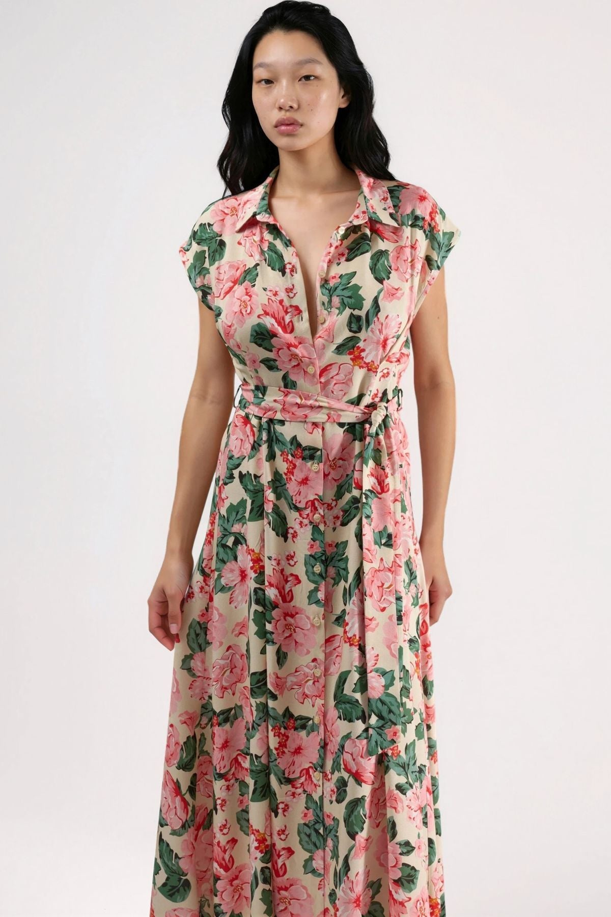 Hiccup Patterned Button-Up Belted Midi Shirt Dress – Pink