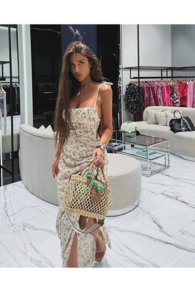 Women's Flower Patterned Backless Slit Dress - Image 3