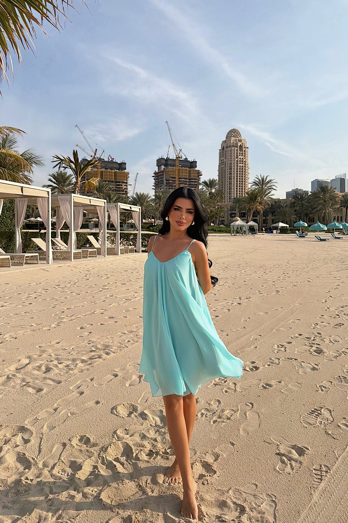 EYYO Isobel Turquoise Strappy Tulle Midi Dress - Side