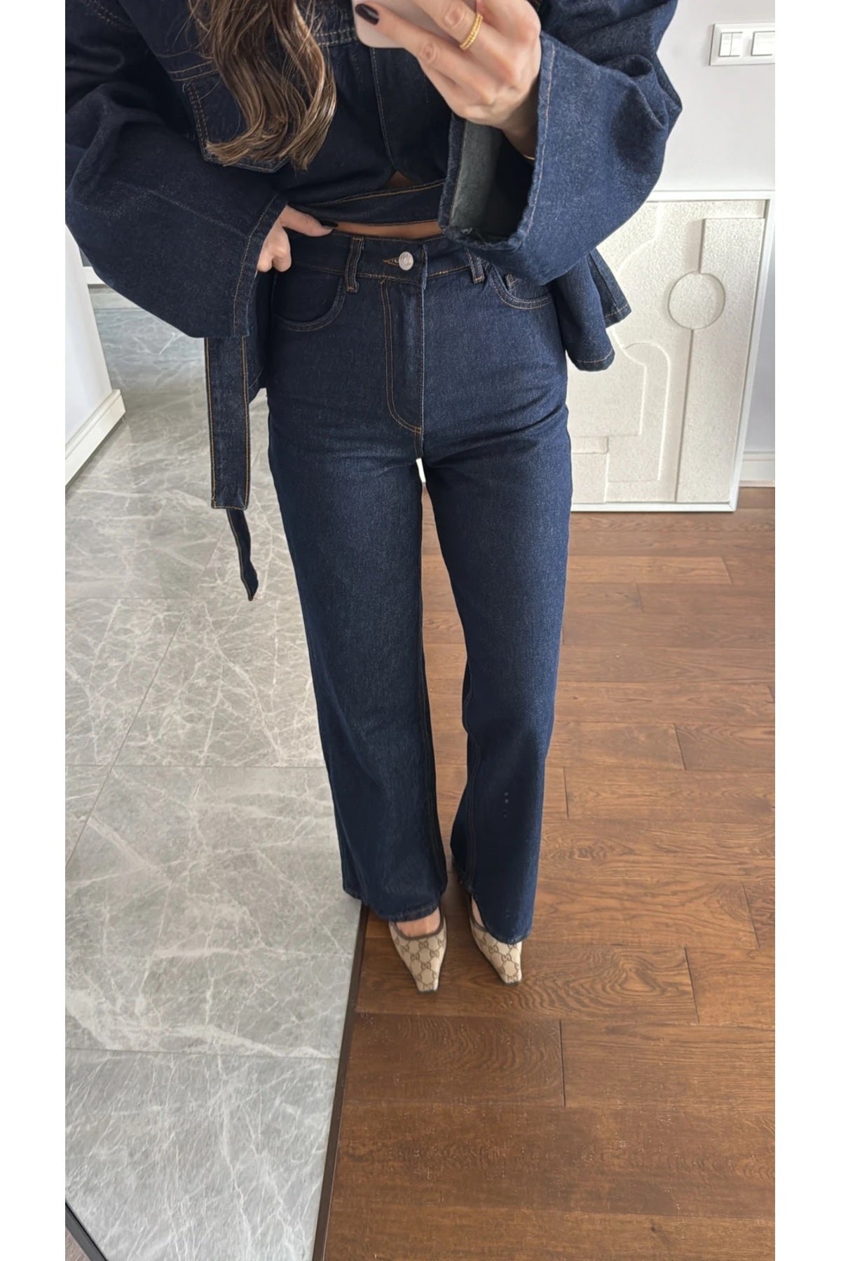 EKIM STORE Tie-Front Navy Denim Jacket & Pants Set