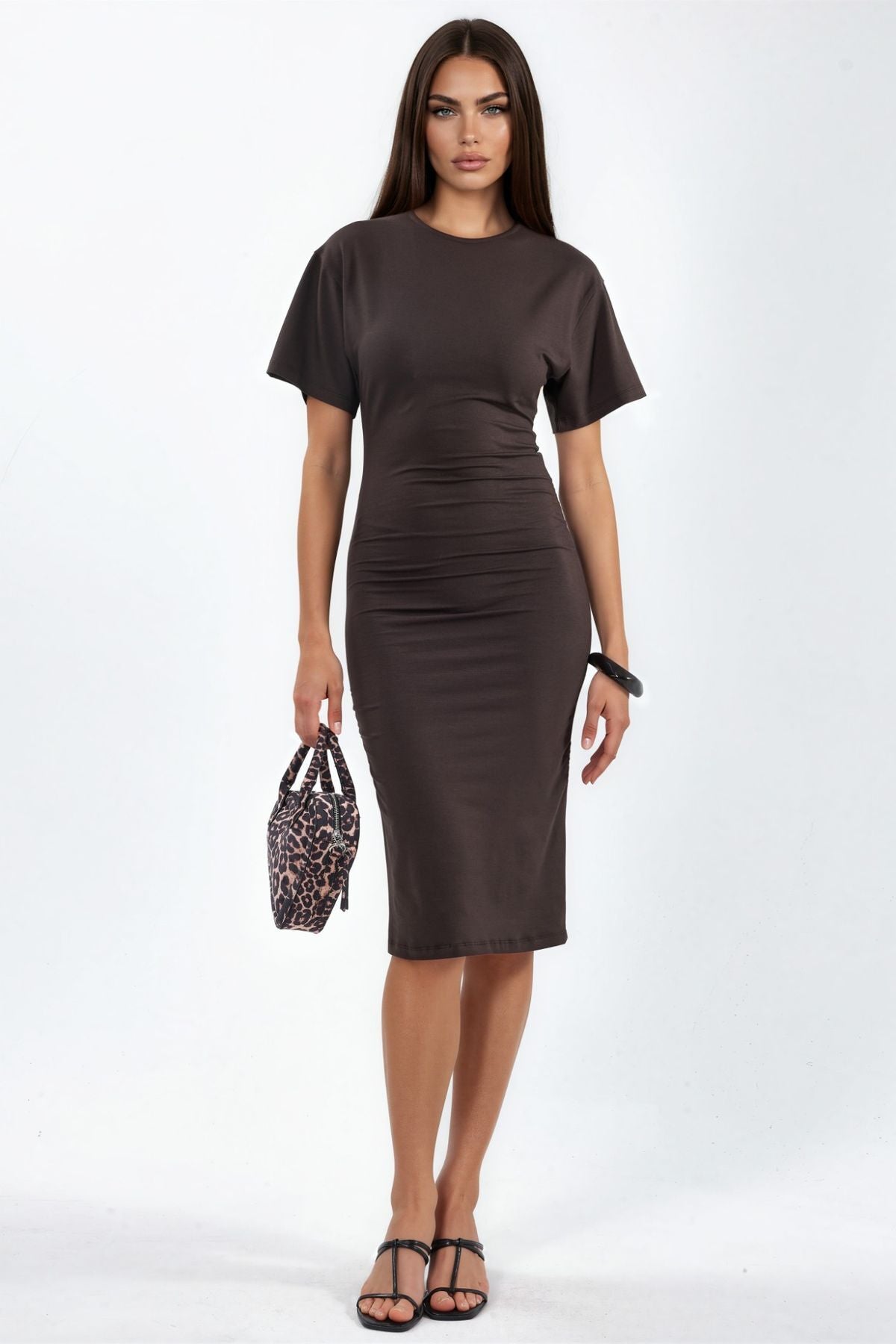 Hiccup Busem Drape-Detail High-Neck Mini T-Shirt Dress – Brown