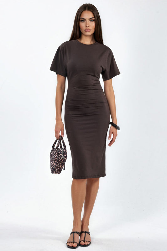 Hiccup Busem Drape-Detail High-Neck Mini T-Shirt Dress – Brown