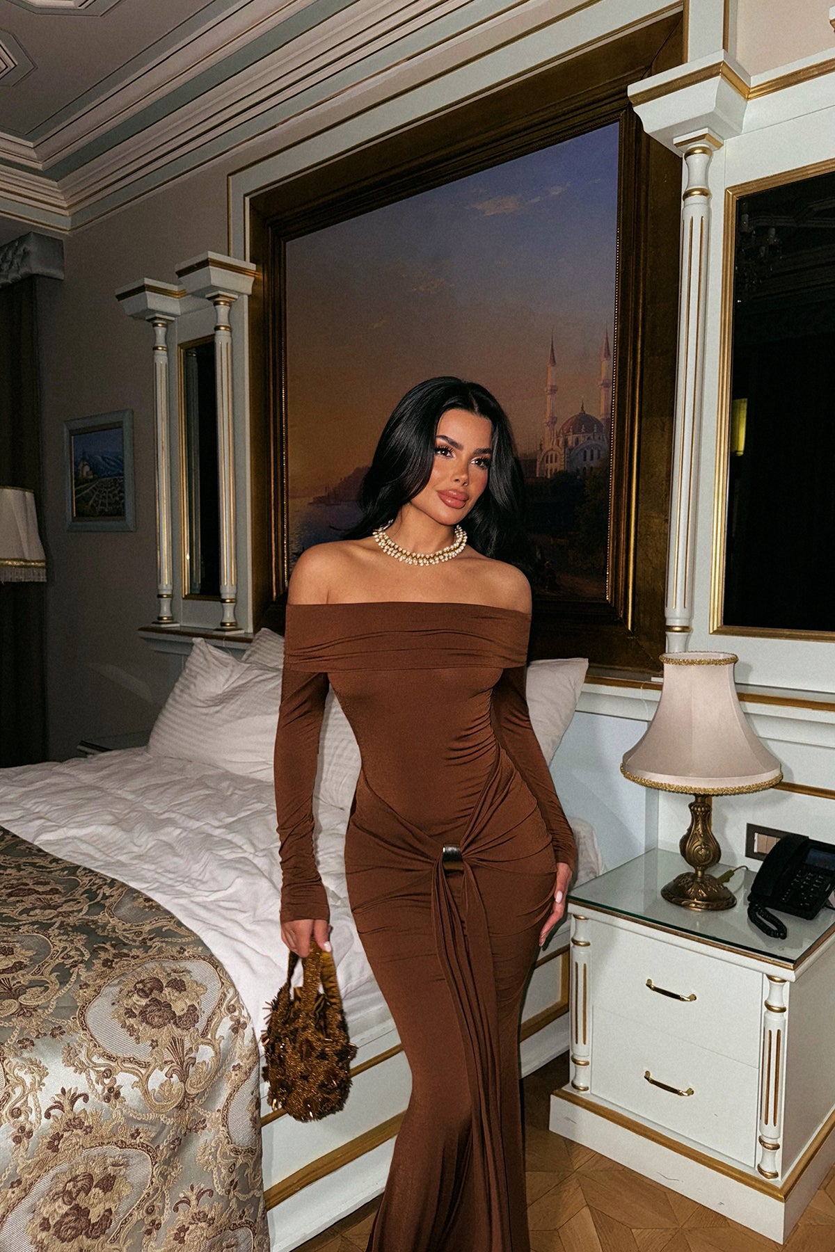 "Fallon" Boat Neck Long Sleeve Maxi Dress - Brown