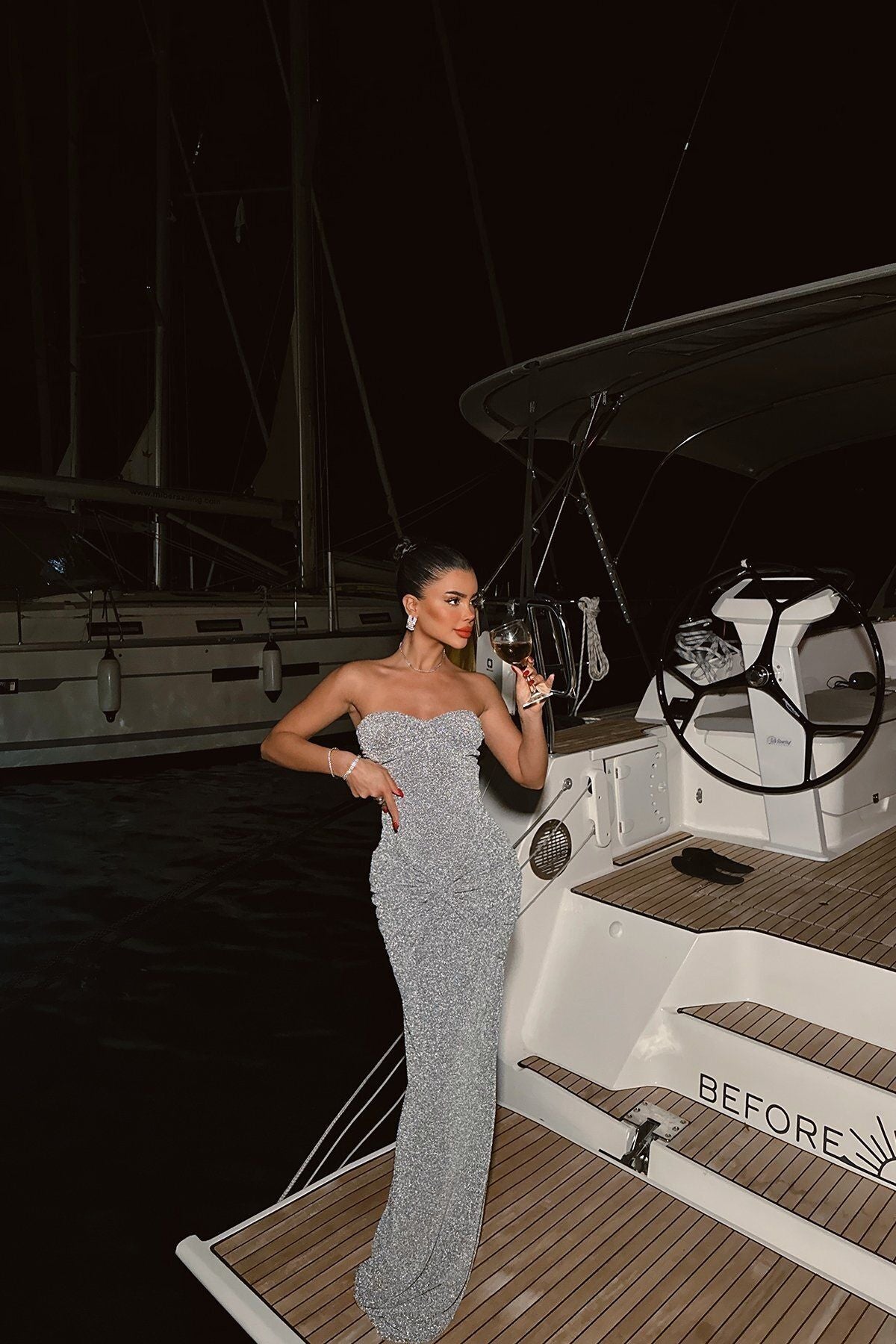 EYYO Gemma Grey Shimmer Maxi Dress - Back View