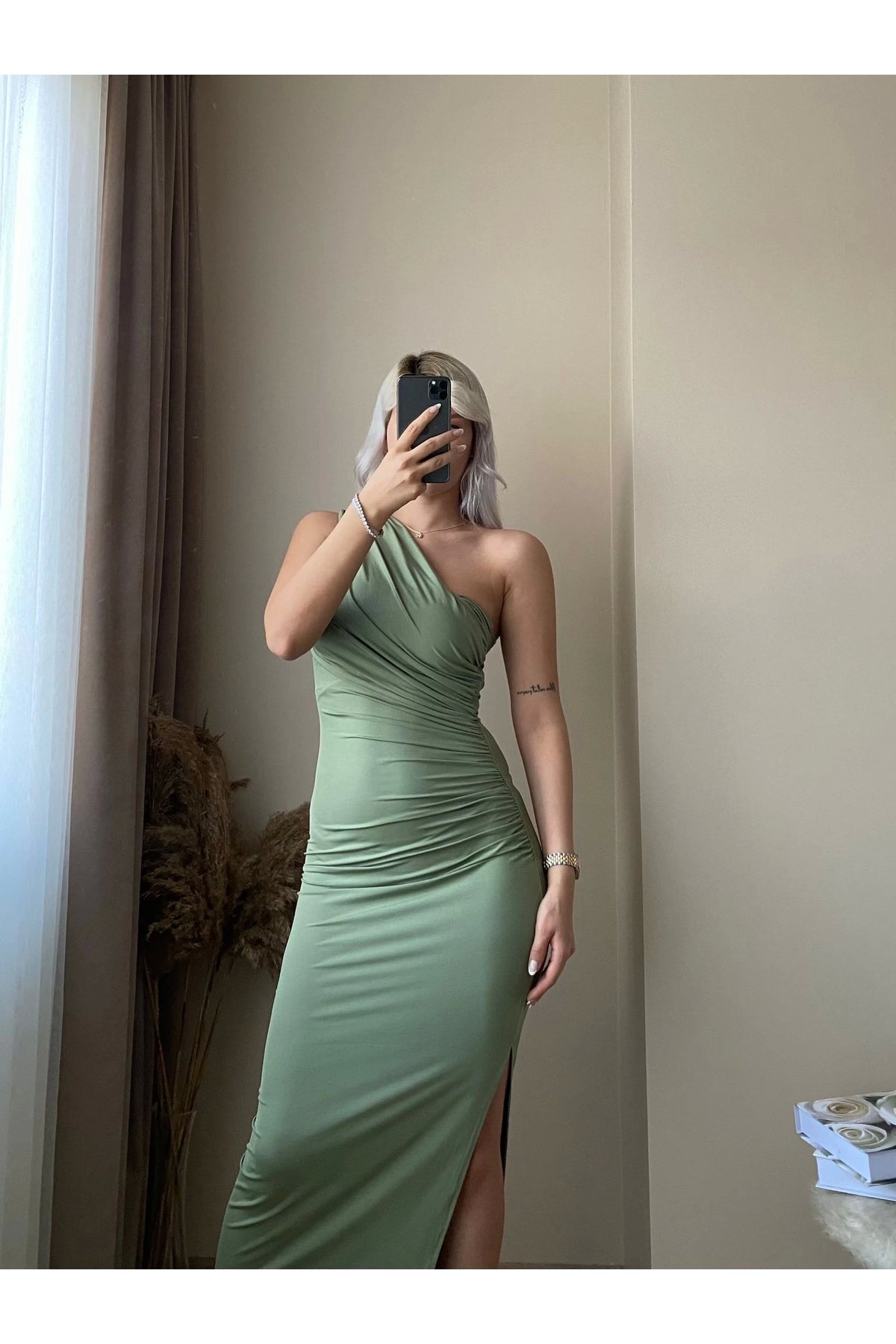 Shoulder Detail Draped Dress - Green