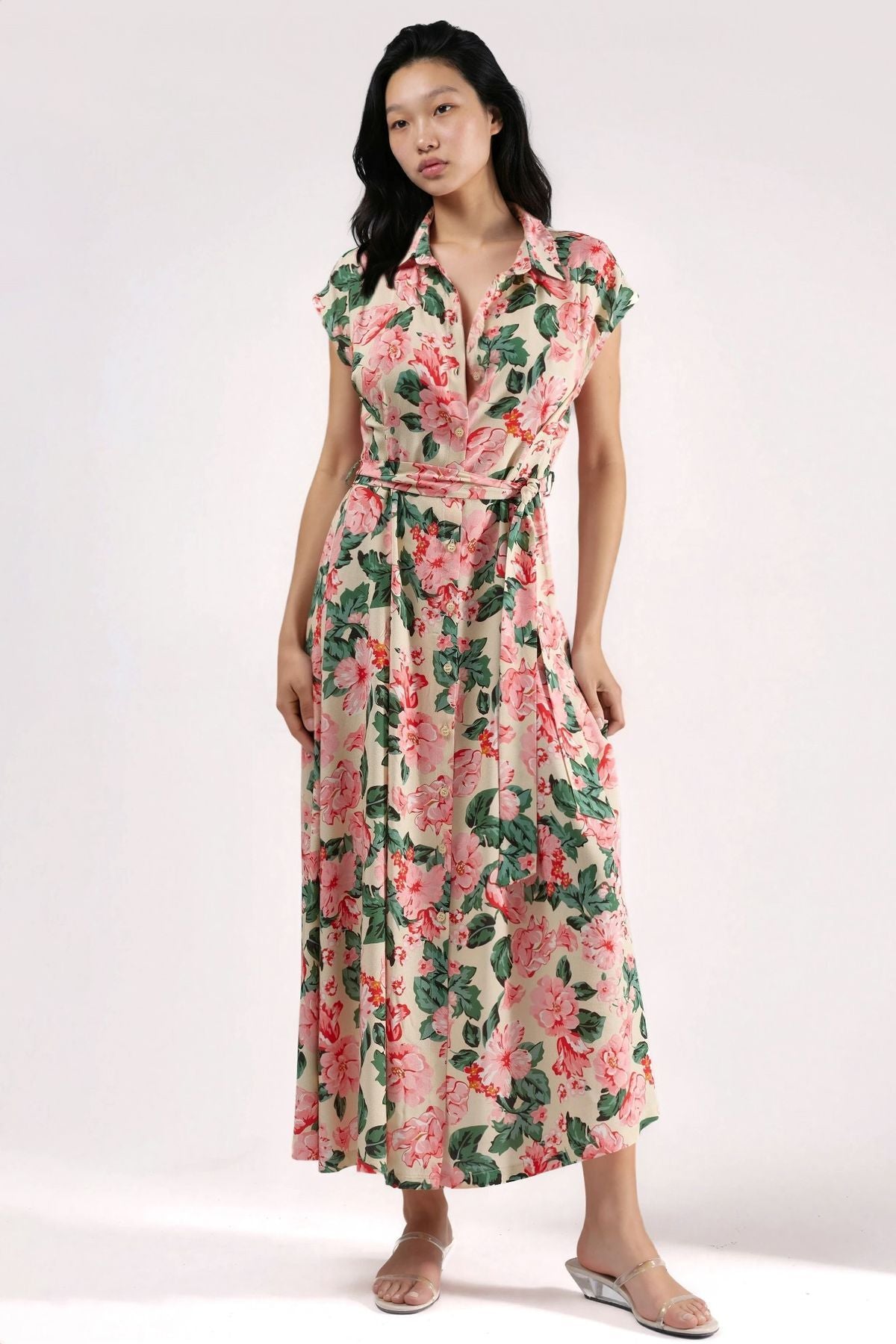 Hiccup Patterned Button-Up Belted Midi Shirt Dress – Pink