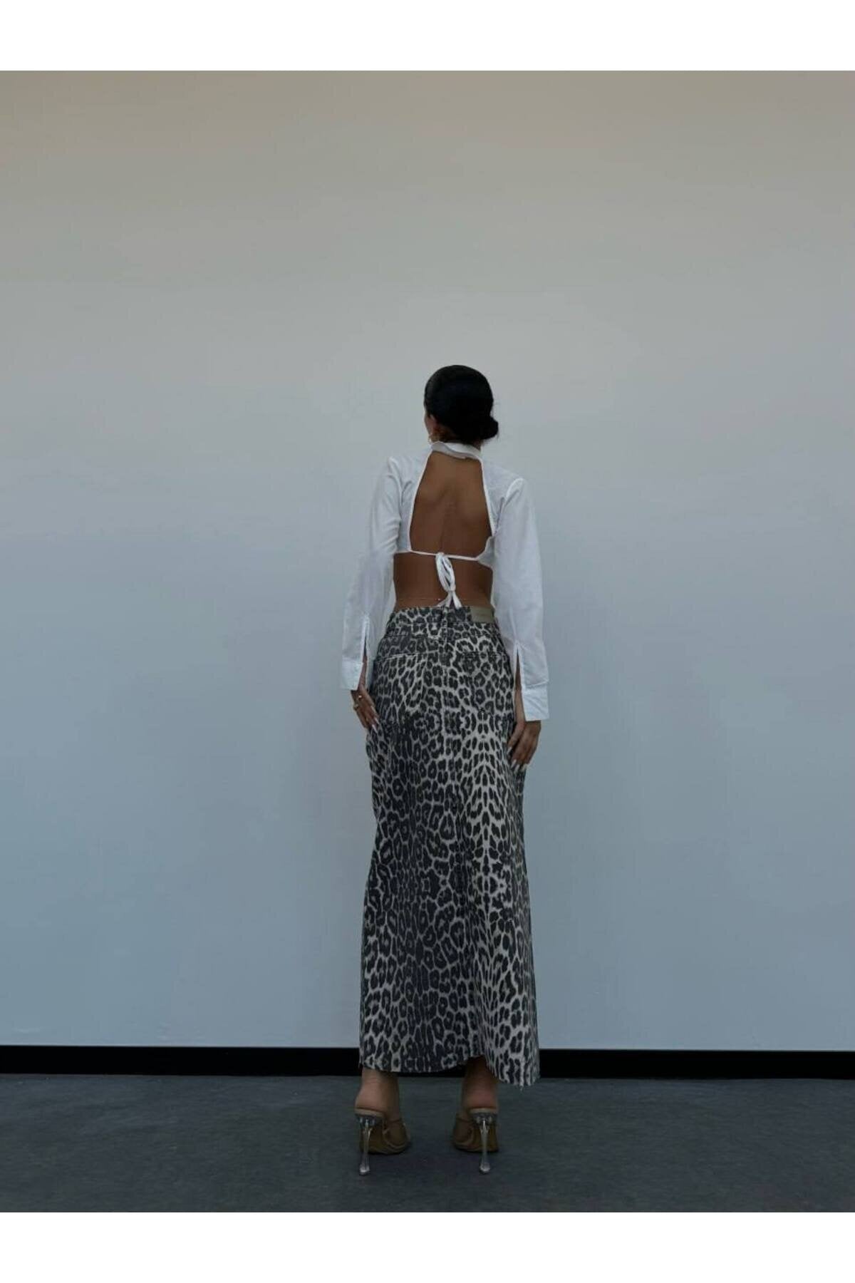 Leopard Print Long Denim Skirt - High Waist 100% Cotton