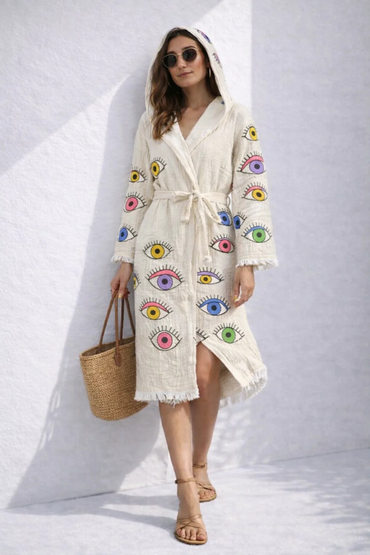 Caspara Muslin Cotton Beach Bornoz Kimono – Rainbow Eye Print