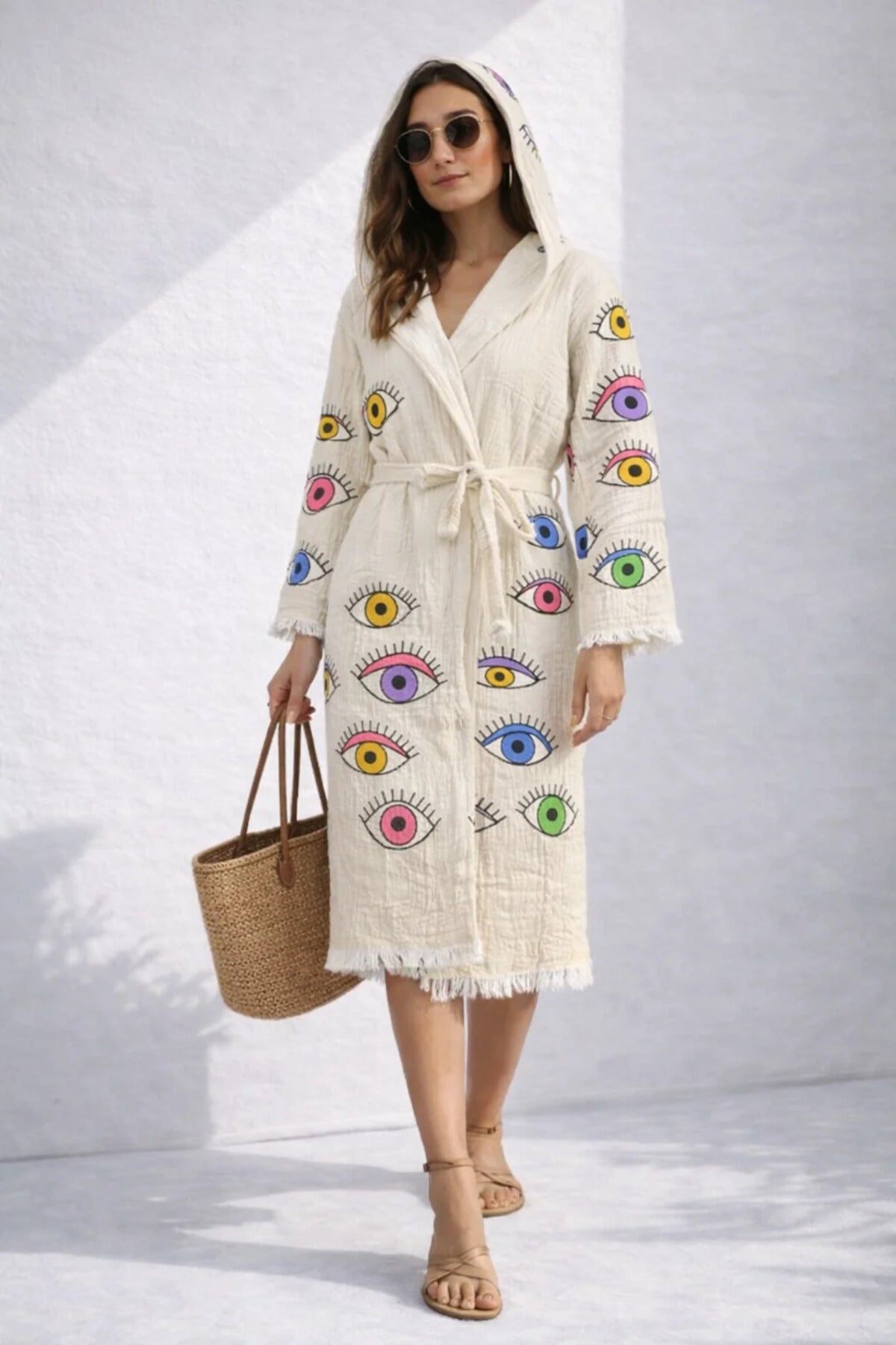 Caspara Muslin Cotton Beach Bornoz Kimono – Rainbow Eye Print